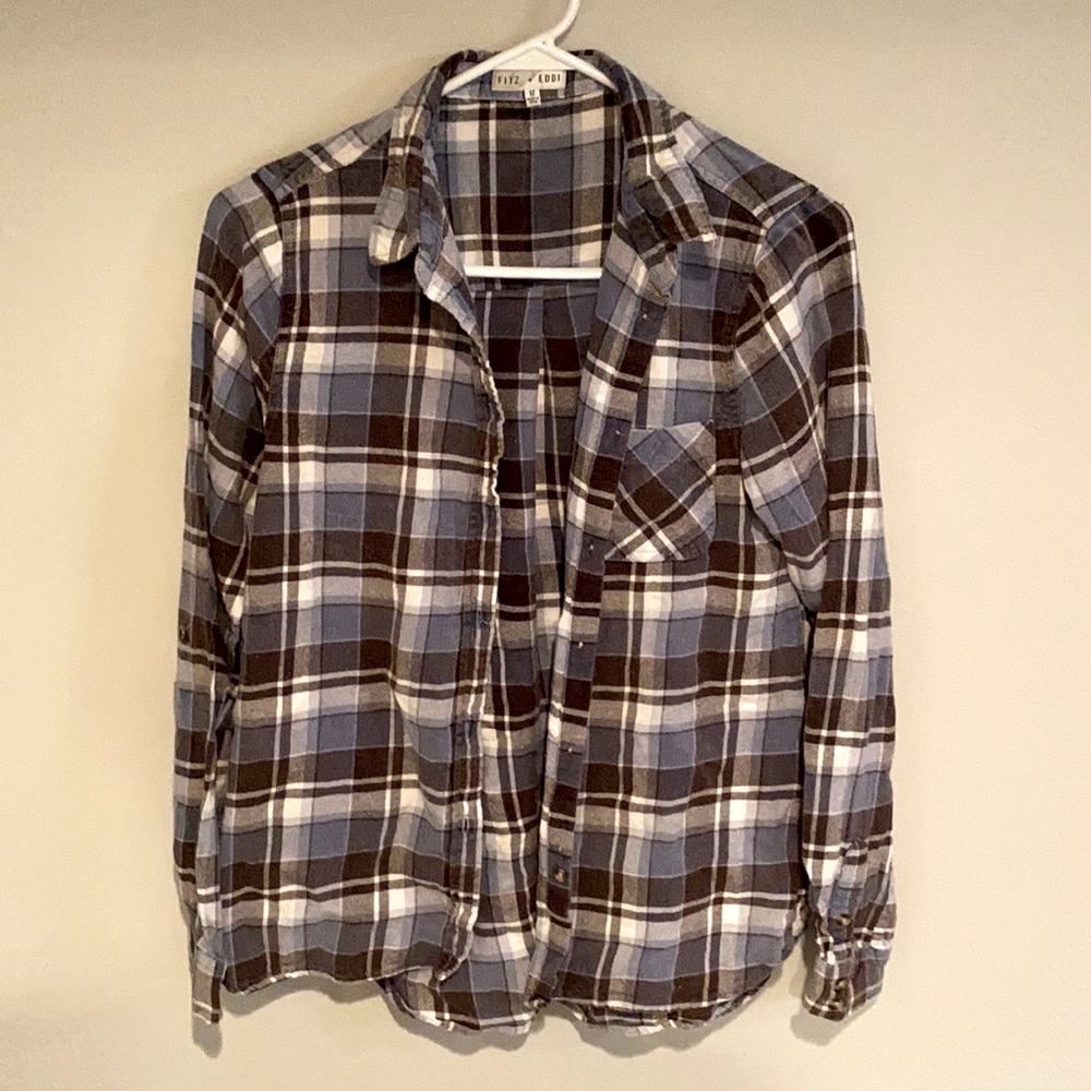 Flannel, size medium, blue, white and dark brown.